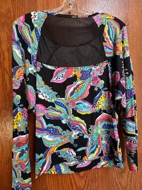 Trina Turk Vibrant Multicolor Mesh-Back Long Sleeve Top